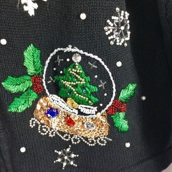 Vintage B.P. Design Beaded Snowy Christmas Snow Globe Zip Front Cardigan Size L - Picture 6 of 11